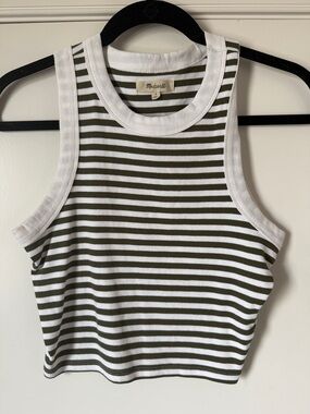 Madewell Olive & White Striped Ribbed Crop Tank